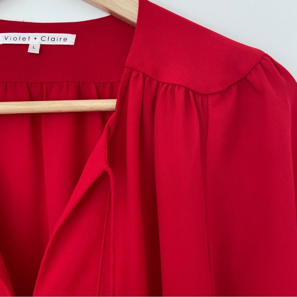 VIOLET & CLAIRE RED V NECK BLOUSE WITH YOKE AND BISHOP SLEEVES, LARGE - Picture 4 of 13